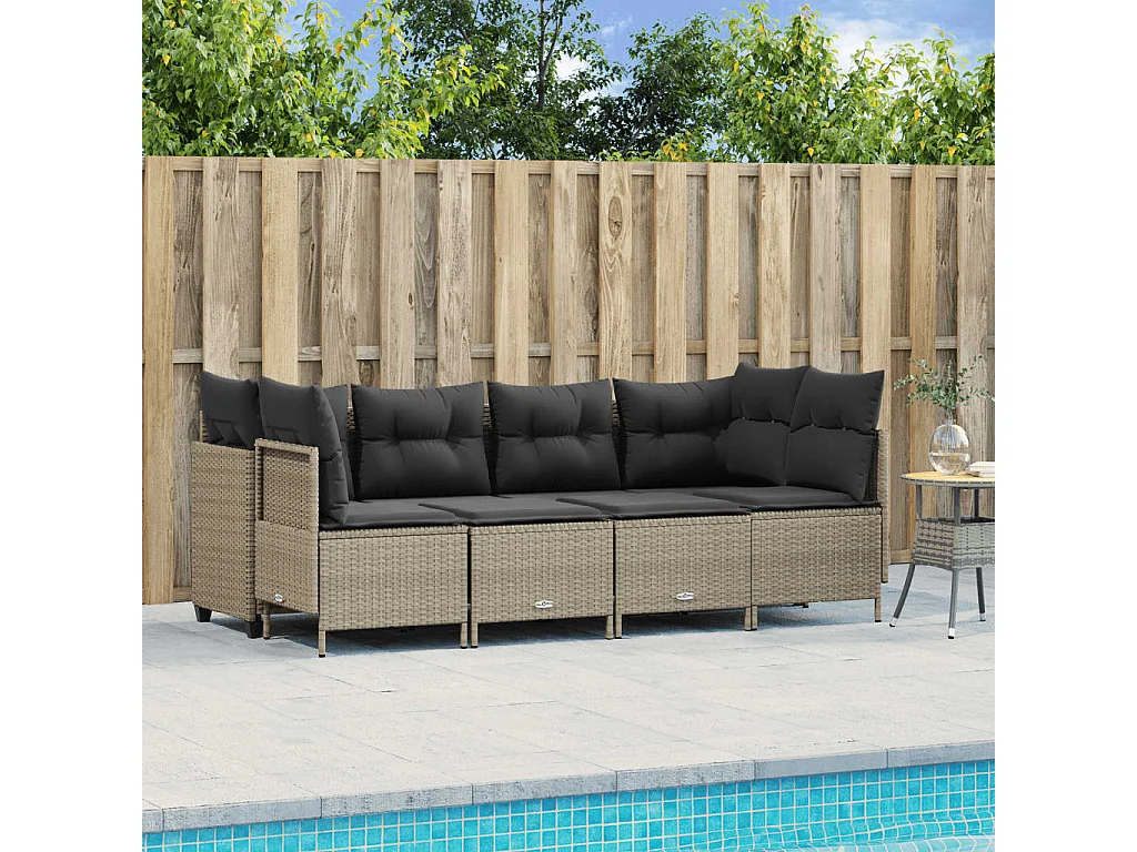 Salon de jardin 5 pièces avec coussins gris clair résine tressée