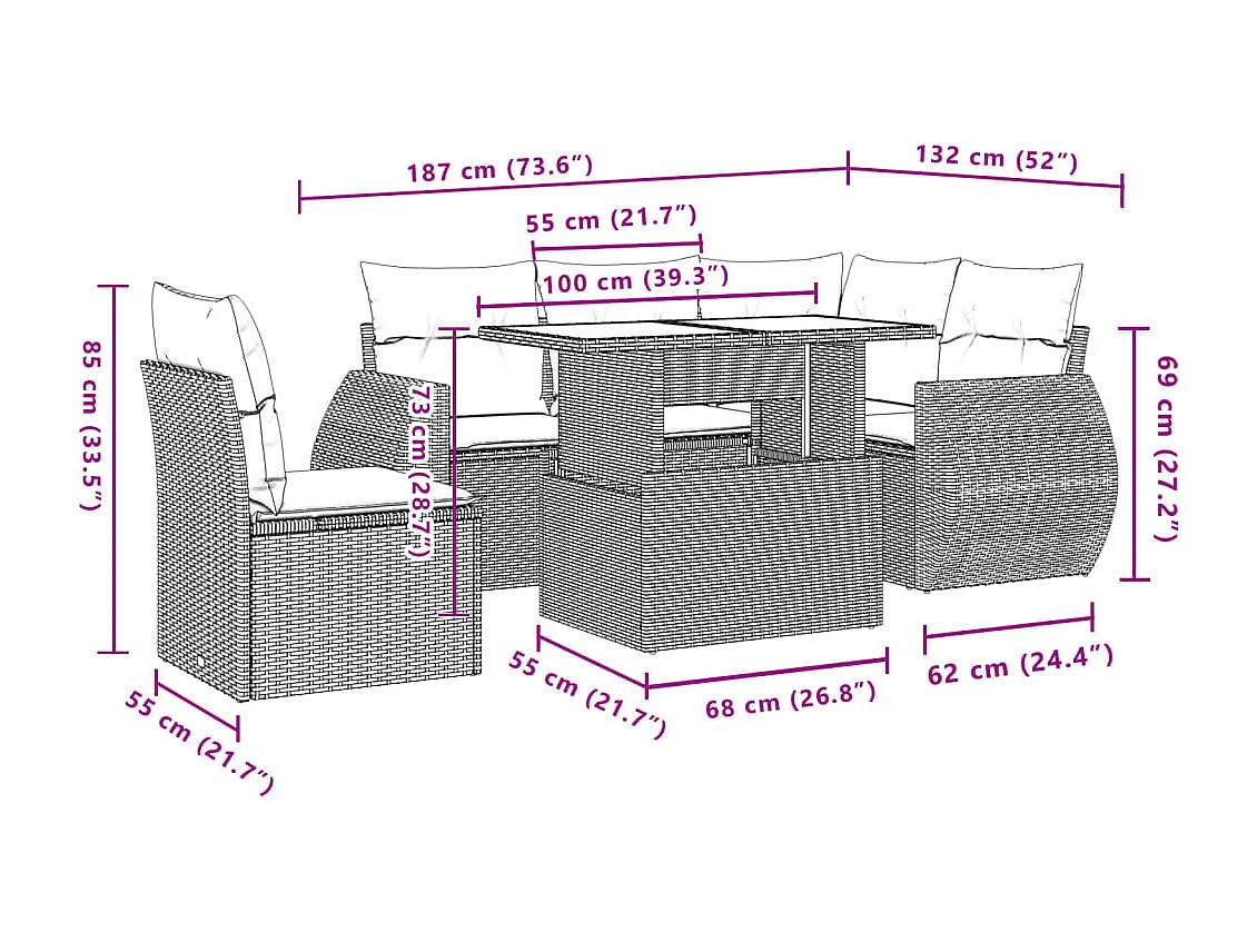 Salon de jardin avec coussins 6 pièces marron résine tressée