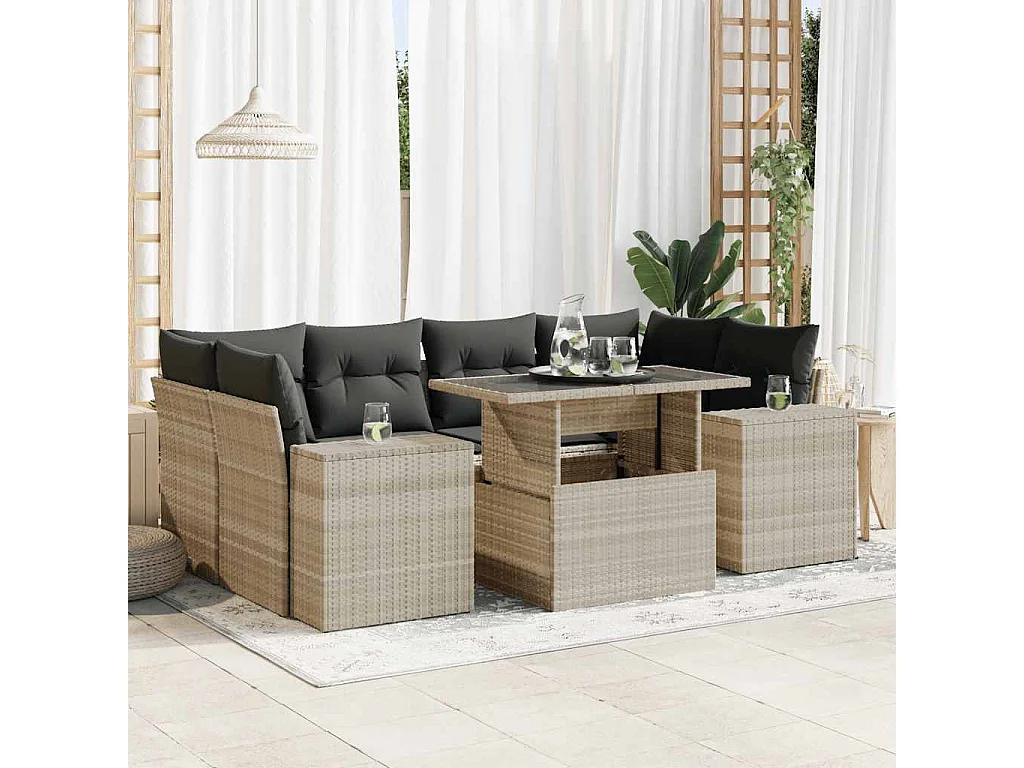 7-delige Loungeset met kussens poly rattan lichtgrijs