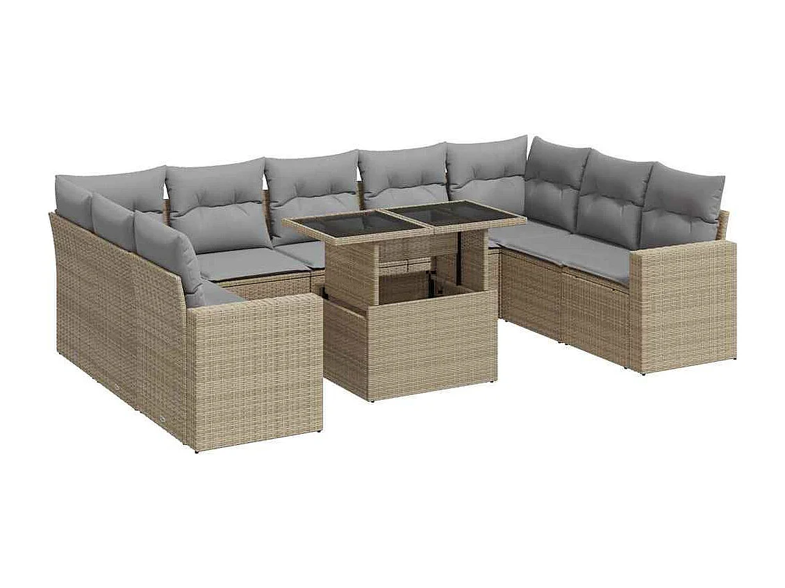 Salon de jardin avec coussins 10 pièces beige résine tressée