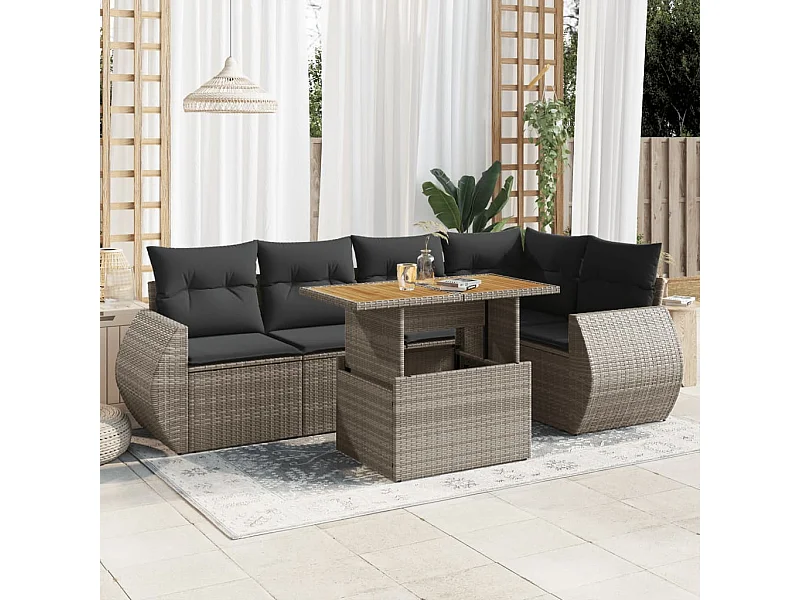 6-delige Loungeset met kussens poly rattan grijs