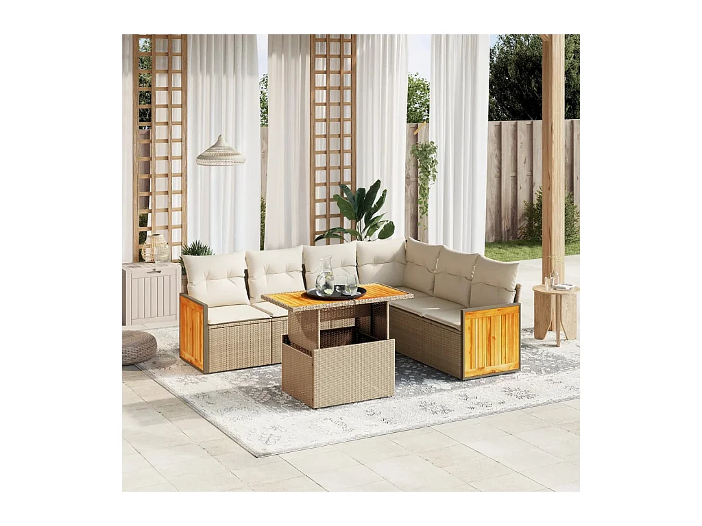 Salon de jardin avec coussins 7 pièces beige résine tressée