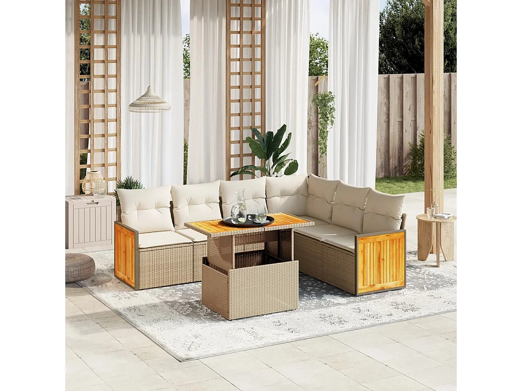 Salon de jardin avec coussins 7 pièces beige résine tressée