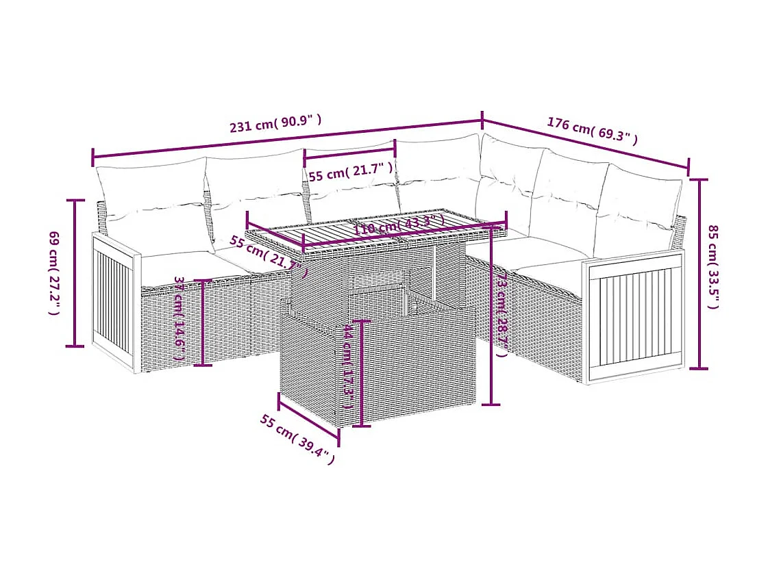 Salon de jardin avec coussins 7 pièces beige résine tressée