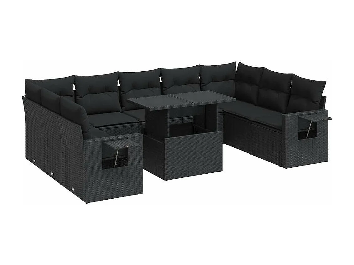 10-delige Loungeset met kussens poly rattan zwart
