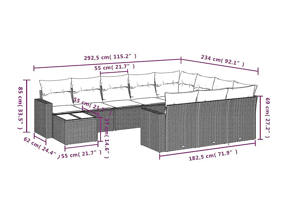 11-delige Loungeset met kussens poly rattan lichtgrijs