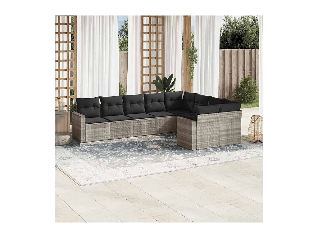 Salon de jardin 9 pièces avec coussins gris clair résine tressée