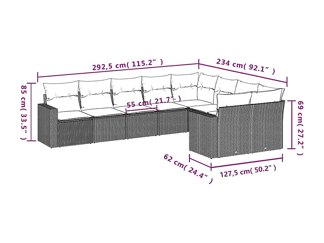 9 peças conj. sofás jardim com almofadões vime PE cinzento-claro