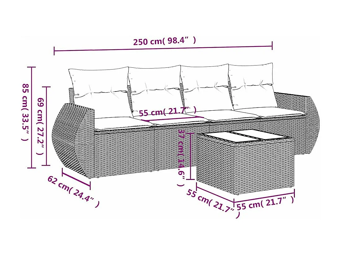 Salon de jardin 5 pièces avec coussins gris clair résine tressée
