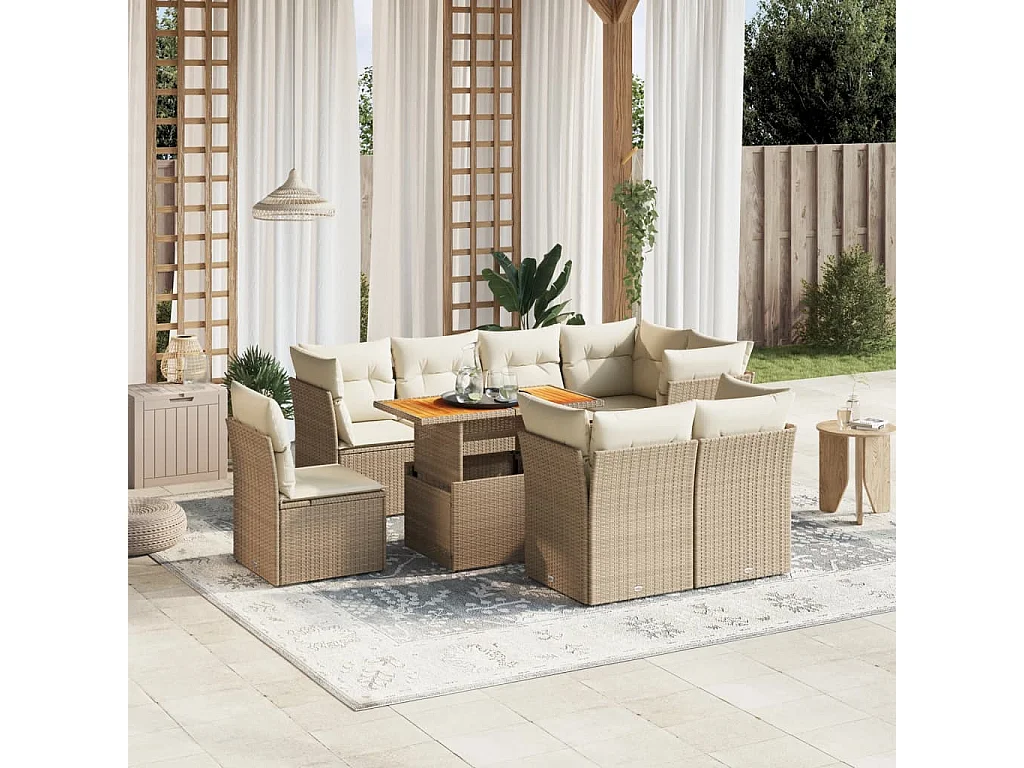 Salon de jardin avec coussins 9 pièces beige résine tressée