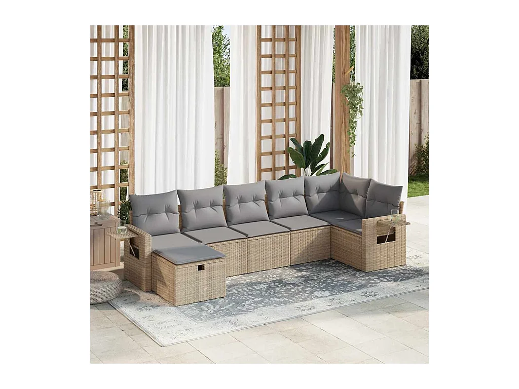 Salon de jardin avec coussins 7 pièces beige résine tressée