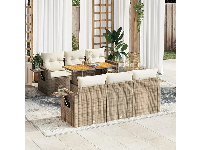 7-delige Loungeset met kussens poly rattan beige