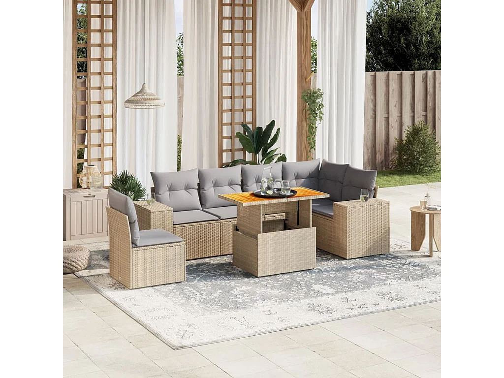 Salon de jardin avec coussins 7 pièces beige résine tressée