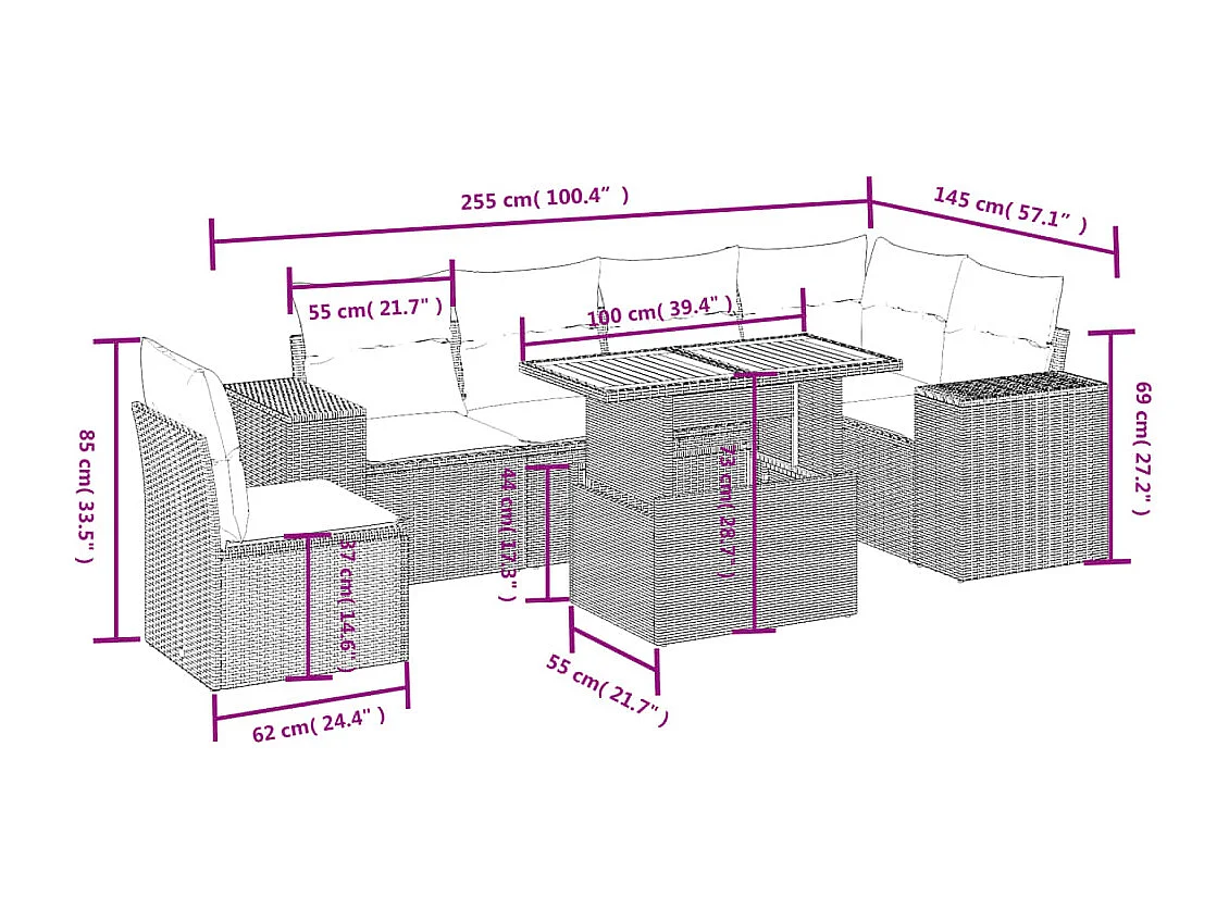 Salon de jardin avec coussins 7 pièces beige résine tressée
