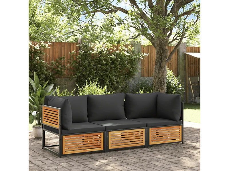 Salon de jardin avec coussins 3 pièces bois massif d'acacia