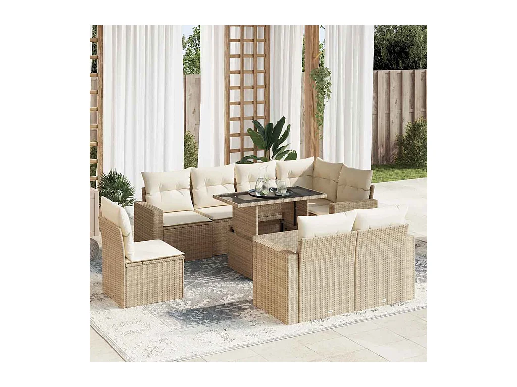 Salon de jardin avec coussins 9 pièces beige résine tressée