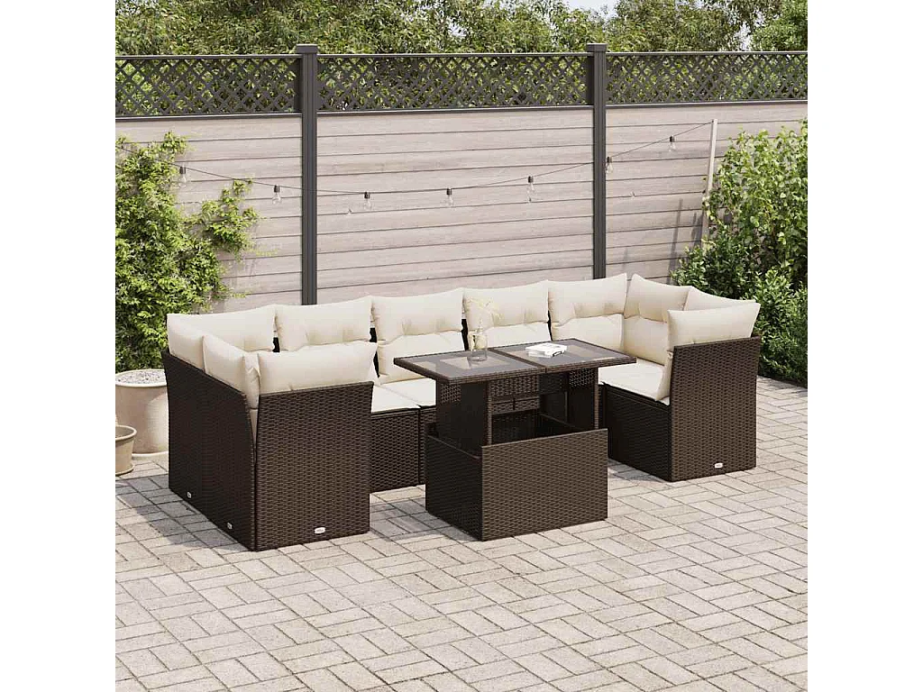 Salon de jardin 8 pièces avec coussins marron résine tressée