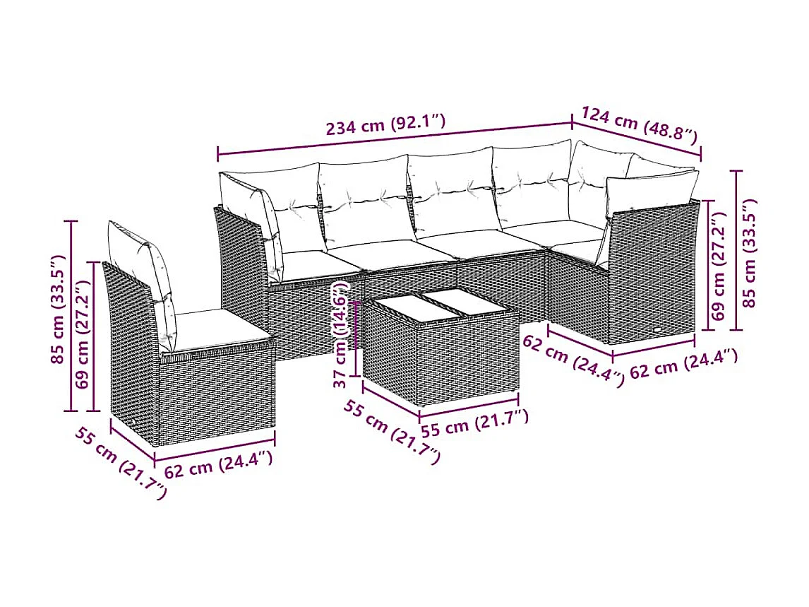 Salon de jardin avec coussins 7 pièces gris clair résine tressée