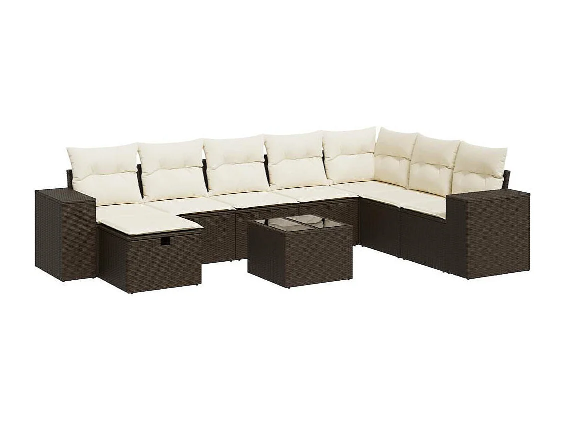 9-delige Loungeset met kussens poly rattan bruin
