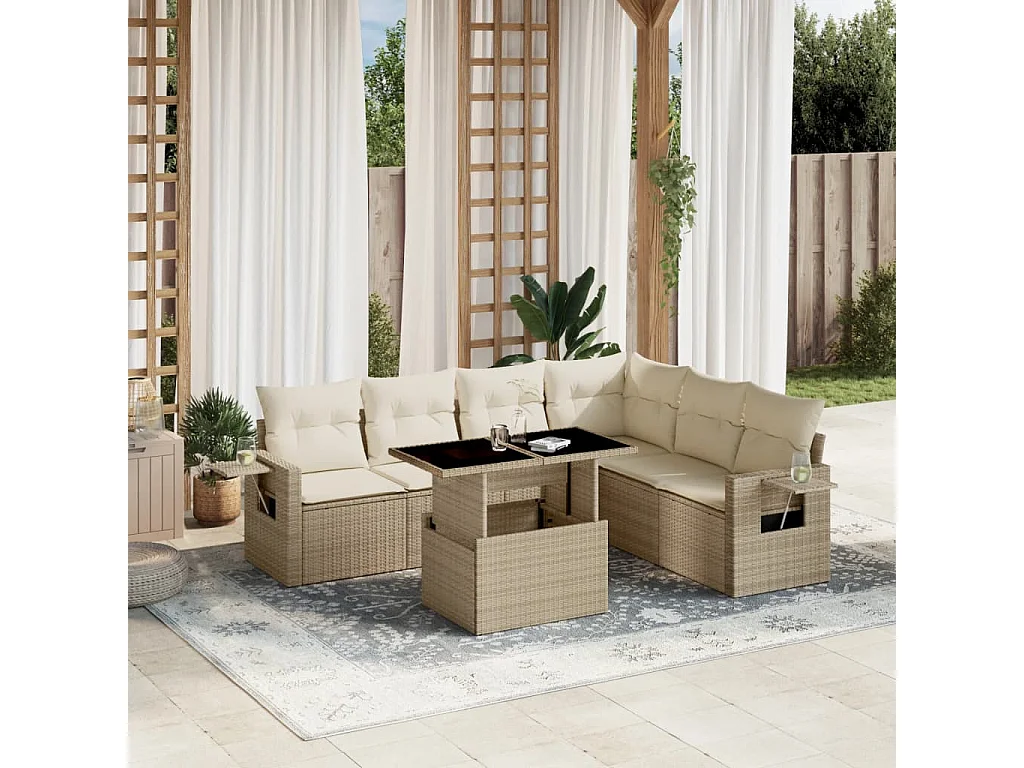 Salon de jardin avec coussins 7 pièces beige résine tressée