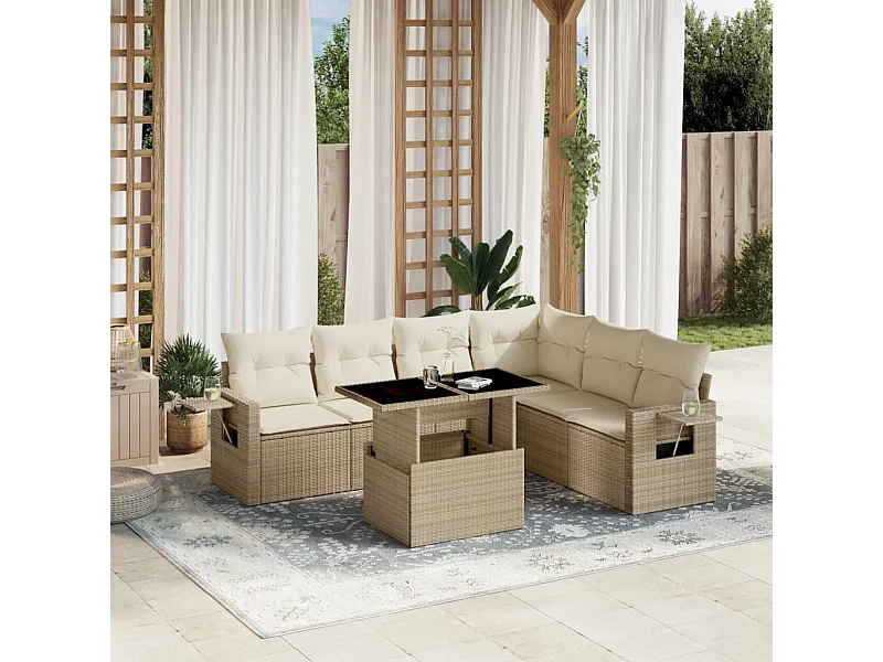 7 peças conjunto de sofás para jardim com almofadões vime PE bege