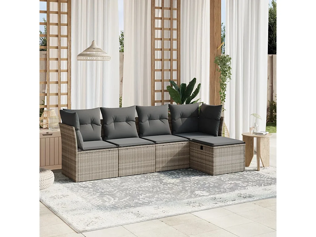 Salon de jardin 5 pièces avec coussins gris clair résine tressée