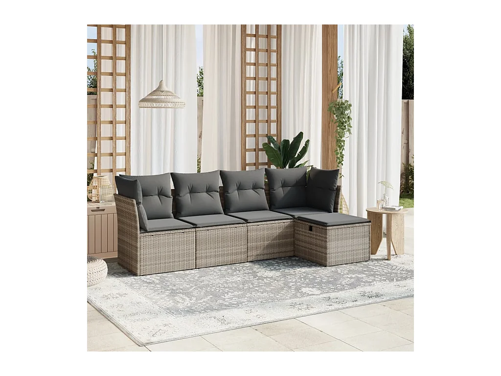 Salon de jardin 5 pièces avec coussins gris clair résine tressée