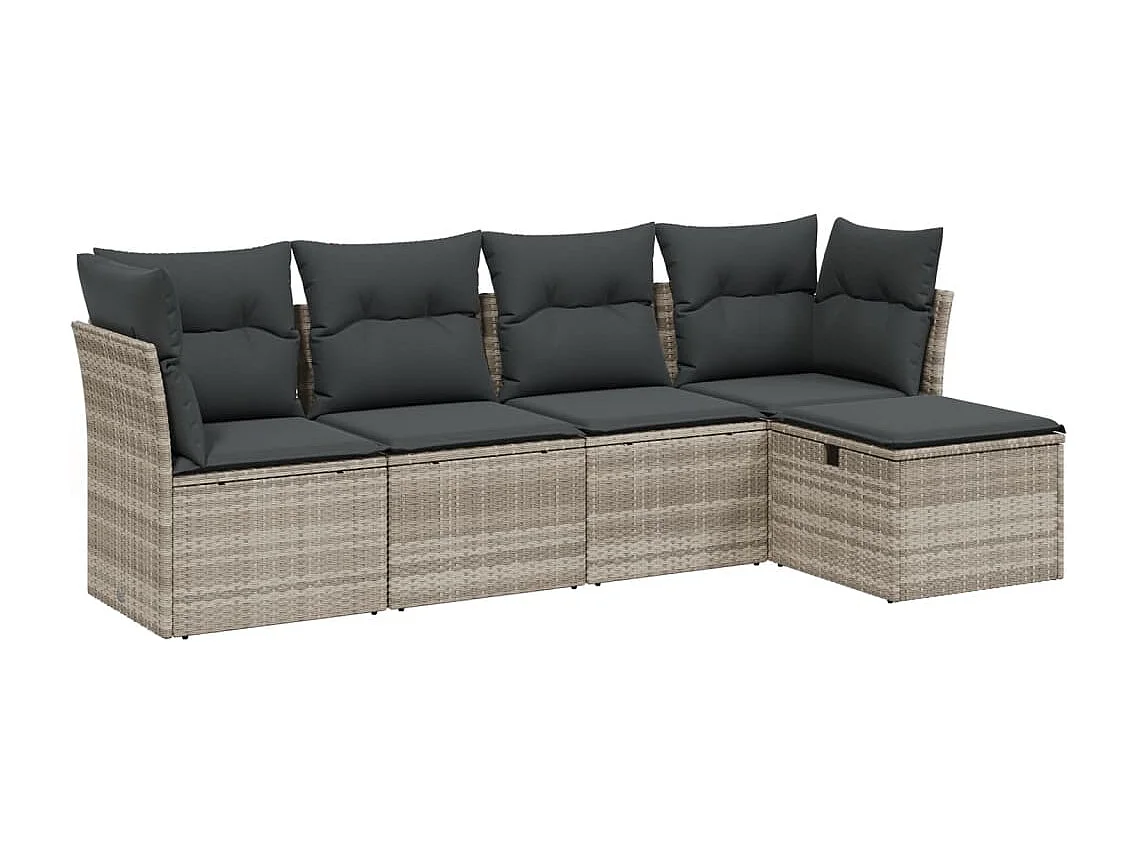 Salon de jardin 5 pièces avec coussins gris clair résine tressée