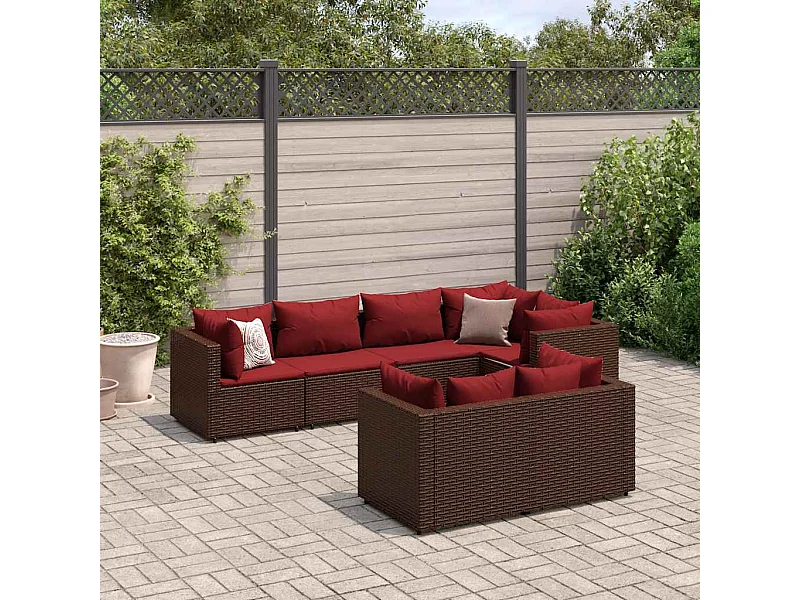 7 peças conjunto lounge de jardim com almofadões vime PE castanho