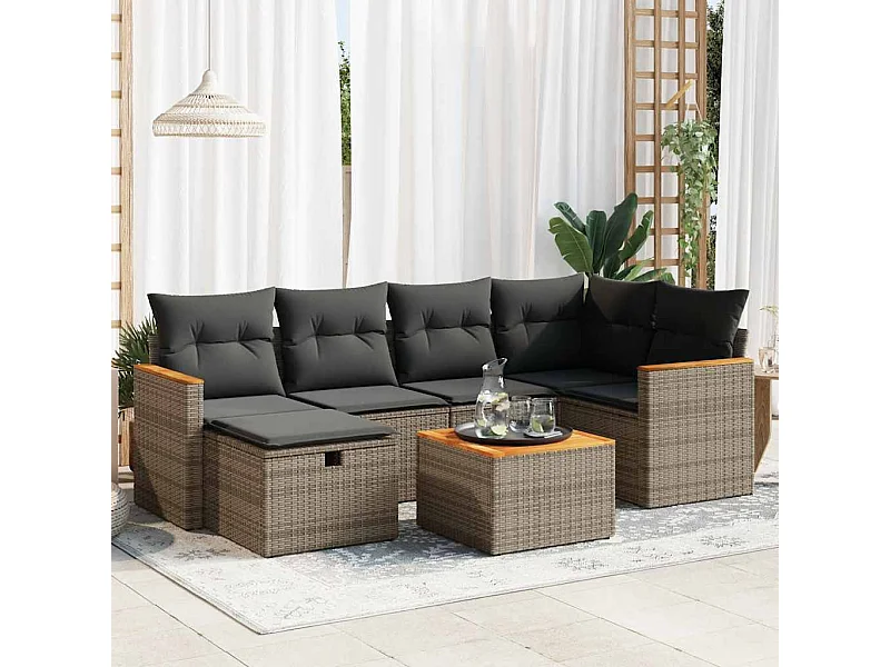 Set de sofás de jardín 7 piezas con cojines ratán sintético gris