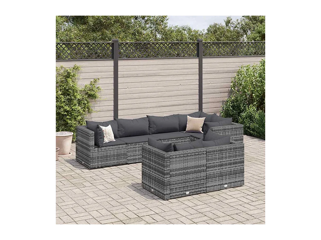 Salon de jardin 7 pièces avec coussins Gris Résine tressée