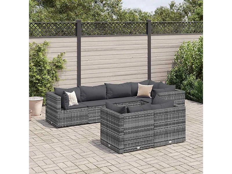 Set de muebles de jardín 7 piezas y cojines ratán sintético gris