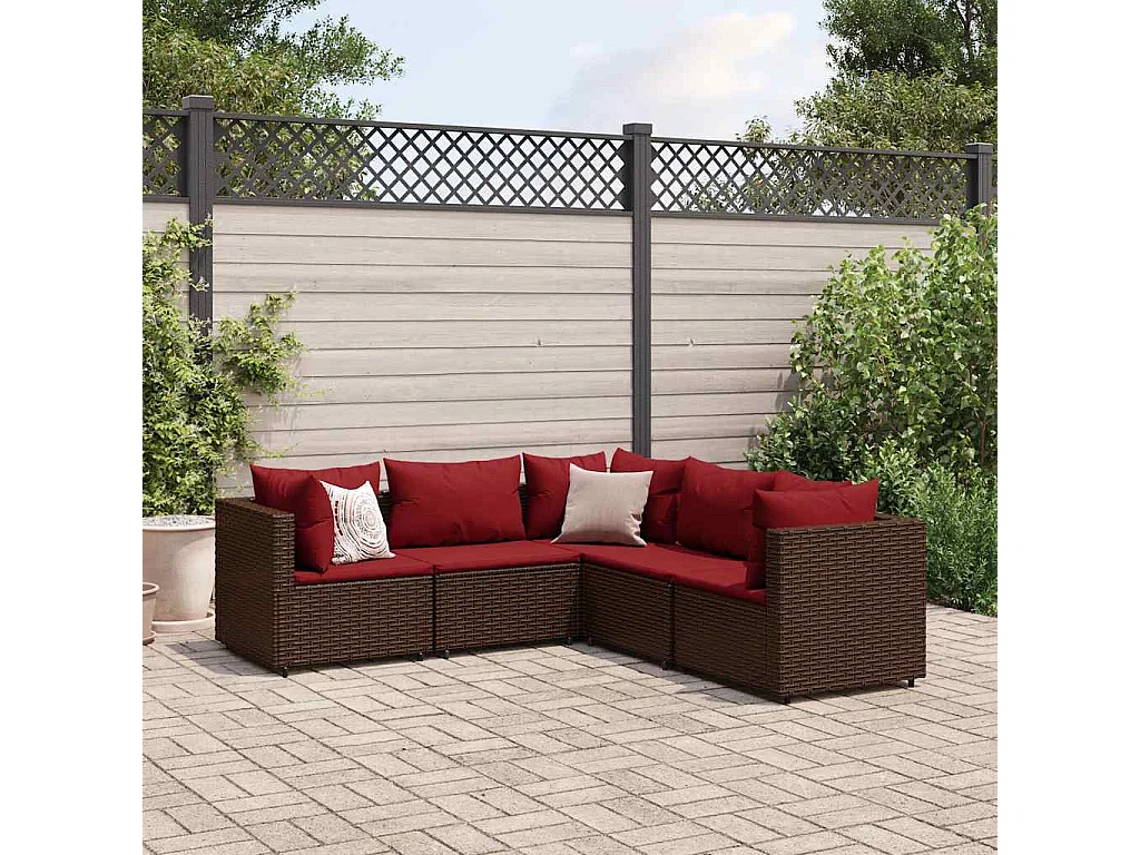 5 peças conjunto lounge jardim com almofadões vime PE castanho