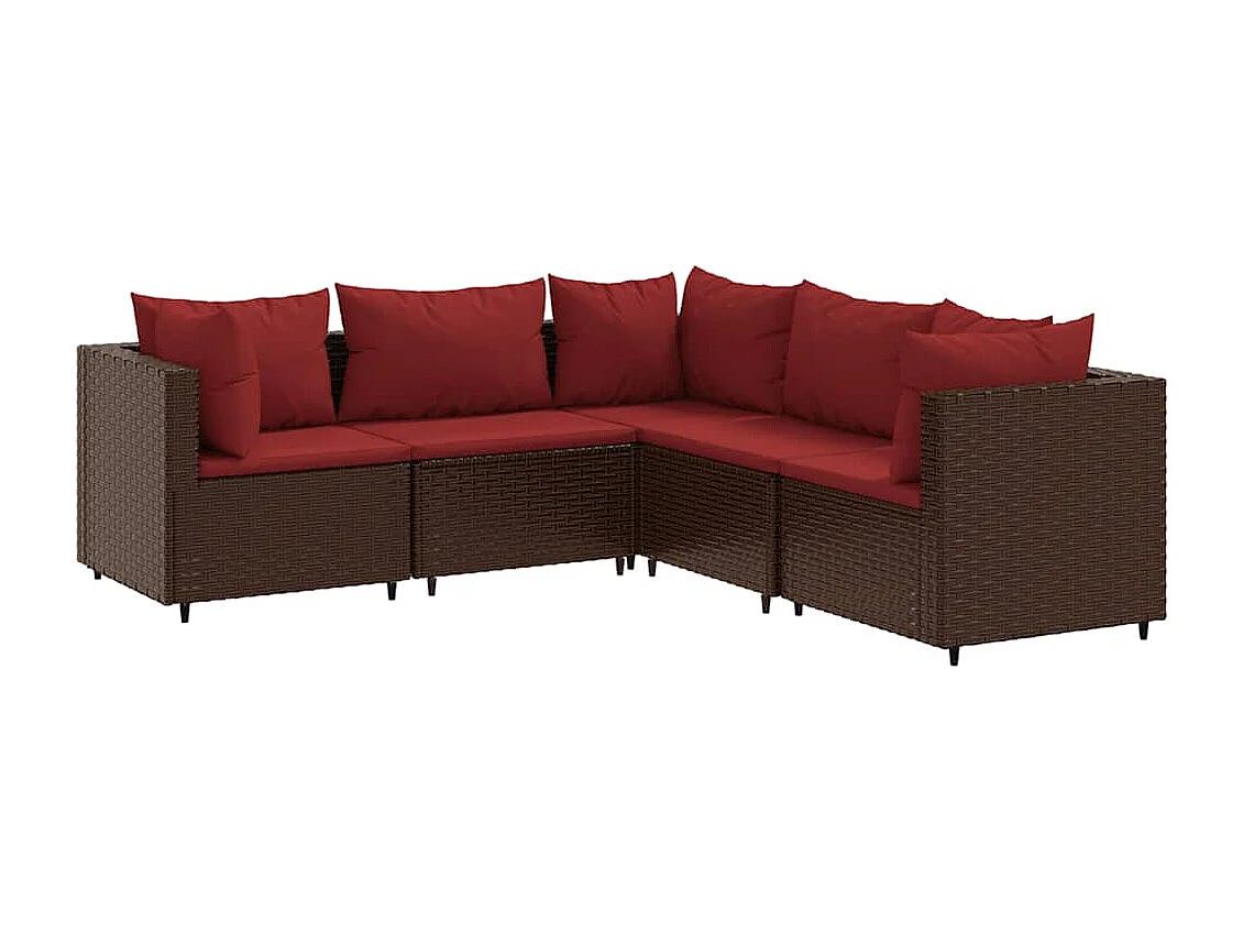 5 peças conjunto lounge jardim com almofadões vime PE castanho