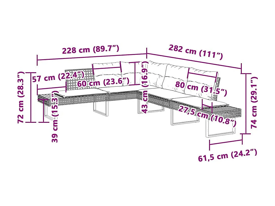 Salon de jardin avec coussins 2 pièces gris résine tressée et verre