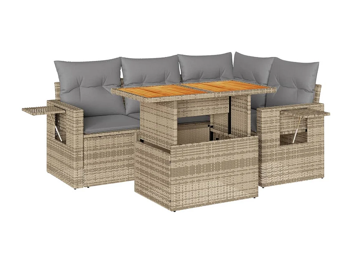 5-delige Loungeset met kussens poly rattan beige