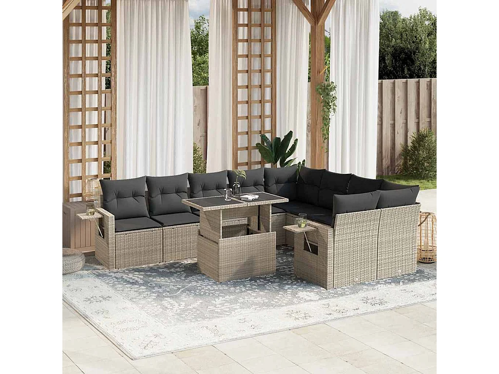 10-delige Loungeset met kussens poly rattan lichtgrijs