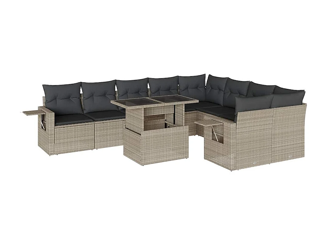 10-delige Loungeset met kussens poly rattan lichtgrijs