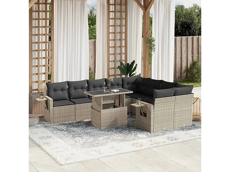 10-delige Loungeset met kussens poly rattan lichtgrijs