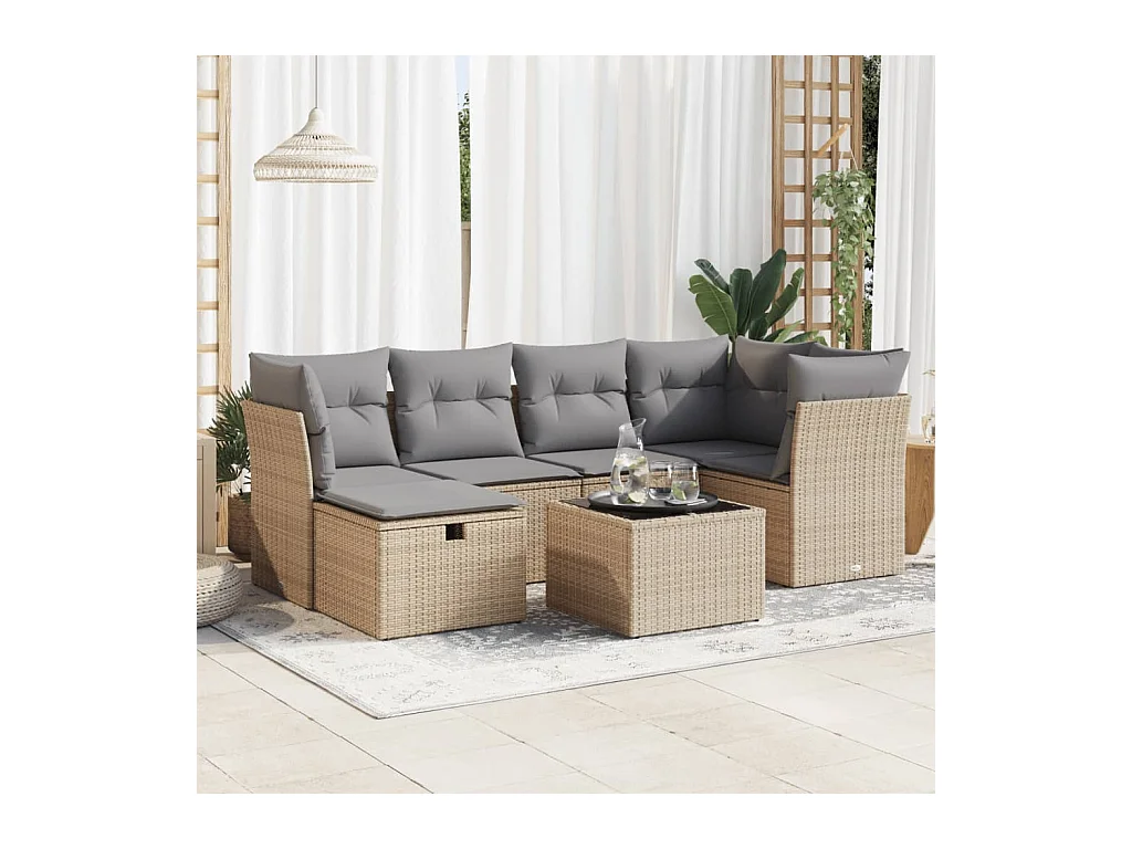 Salon de jardin avec coussins 7 pièces beige résine tressée