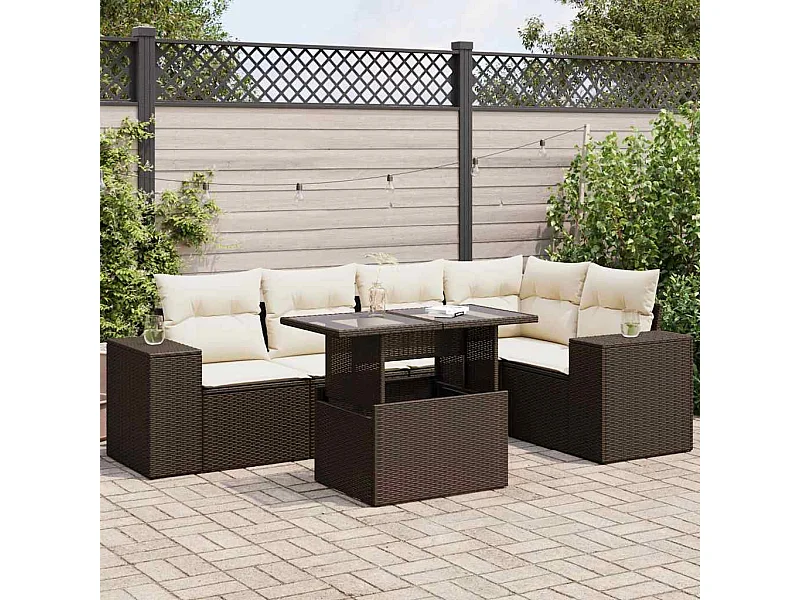 6-delige Loungeset met kussens poly rattan bruin