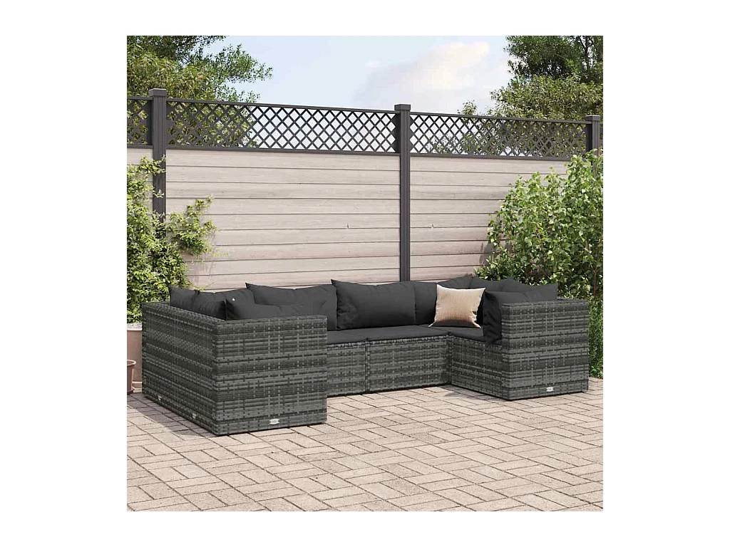 6-delige Loungeset met kussens poly rattan grijs