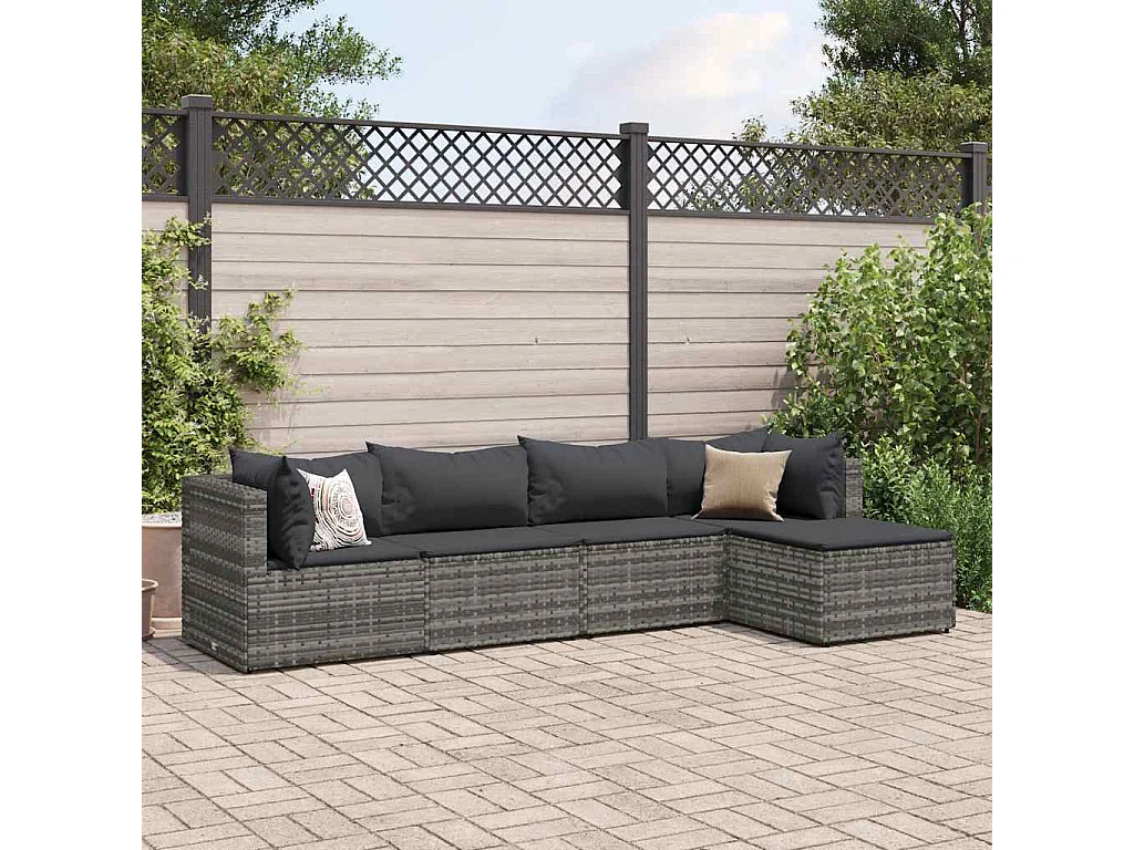 Salon de jardin 5 pièces avec coussins Gris Résine tressée