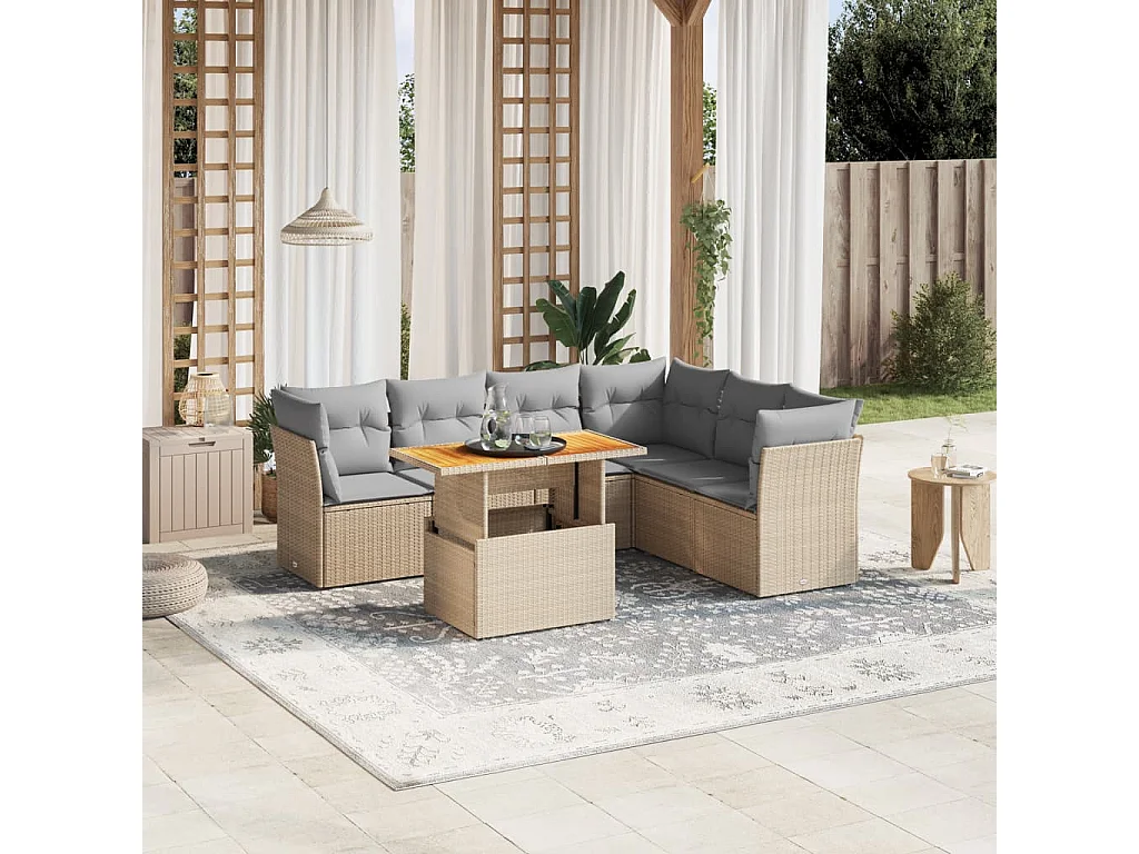 Salon de jardin avec coussins 7 pièces beige résine tressée