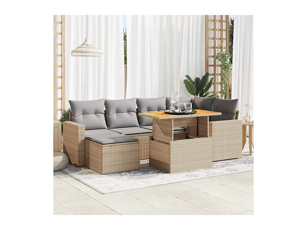 Salon de jardin avec coussins 7 pièces beige résine tressée