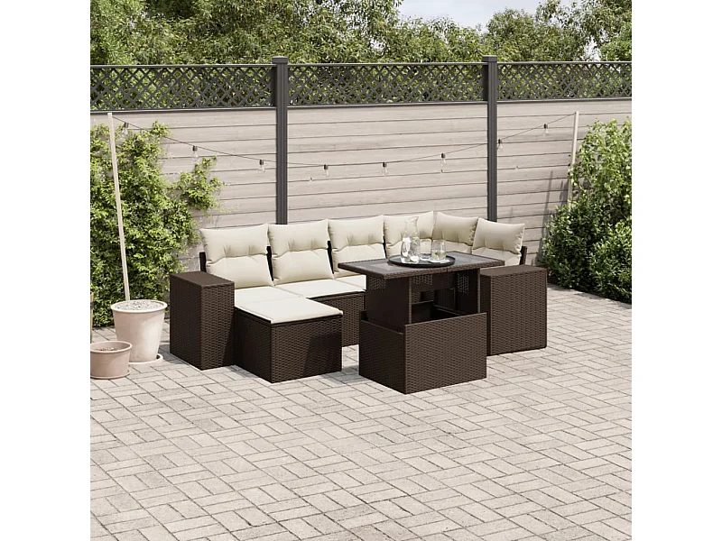 7-delige Loungeset met kussens poly rattan bruin