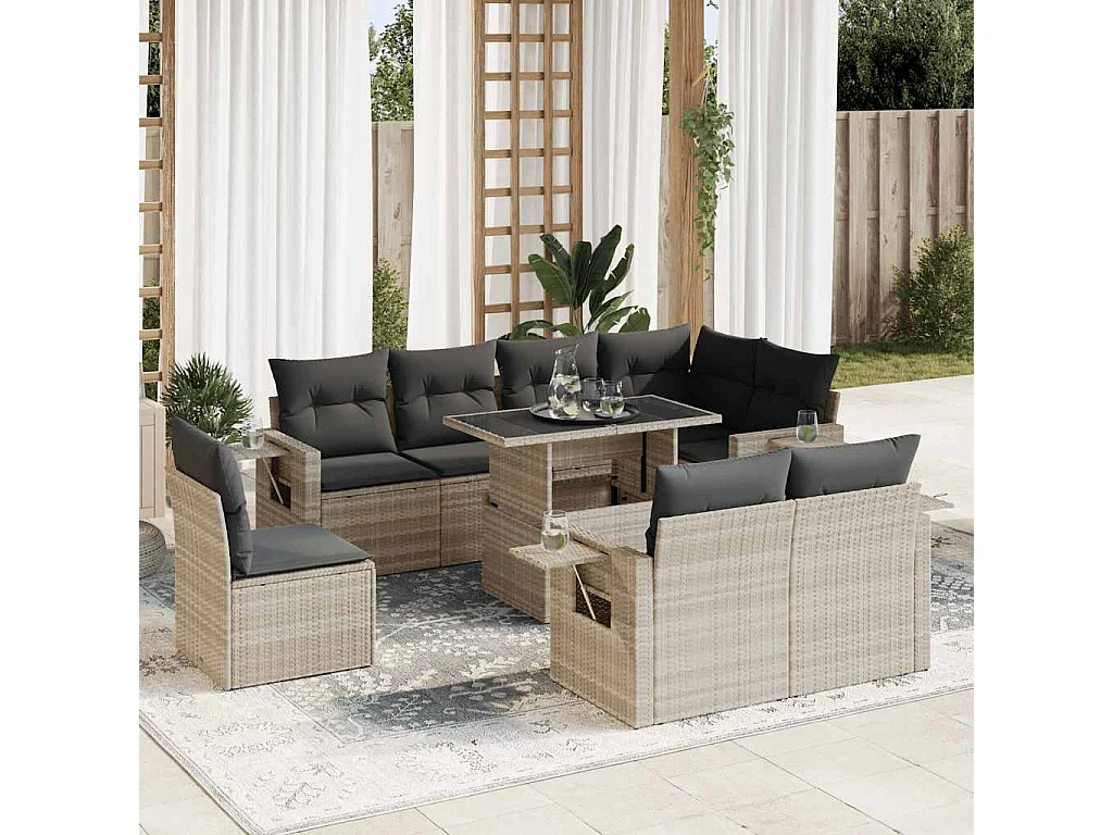 Salon de jardin 9 pièces avec coussins gris clair résine tressée