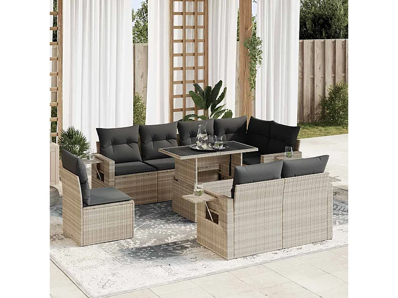 Salon de jardin 9 pièces avec coussins gris clair résine tressée