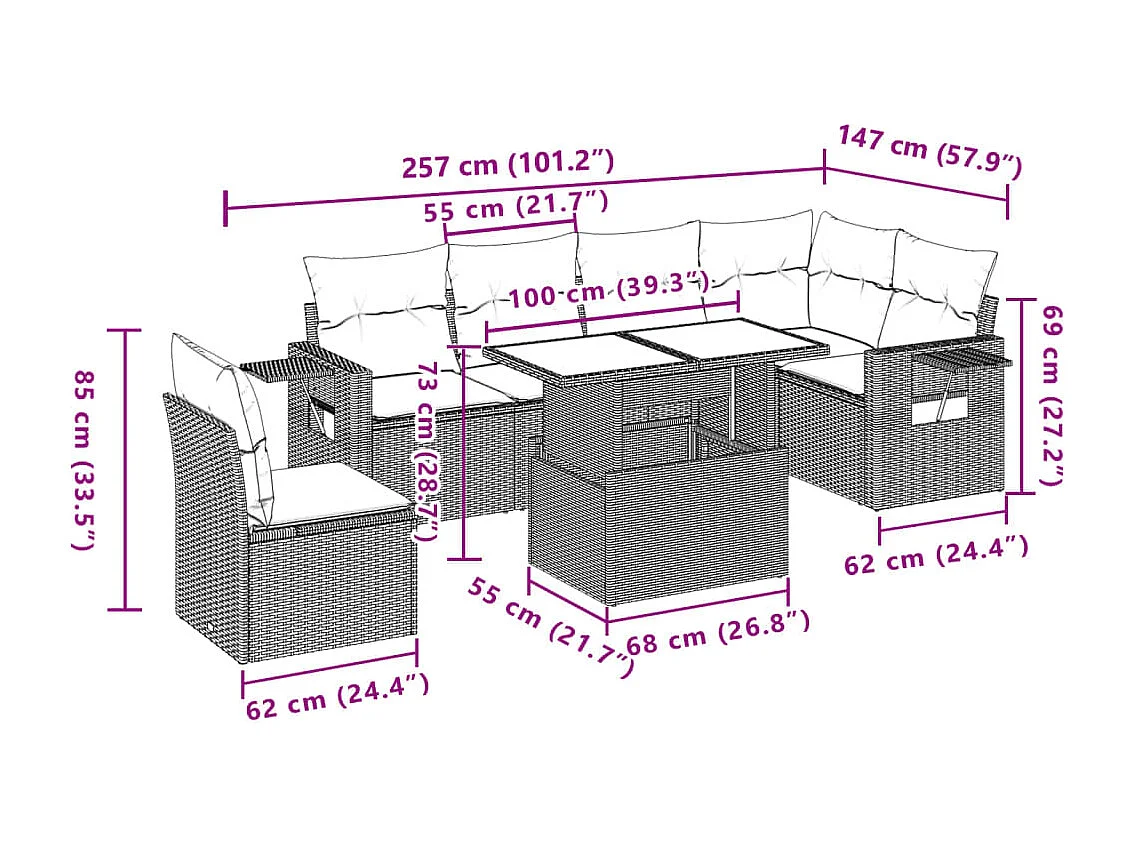 Set sofás de jardín 7 piezas y cojines ratán sintético beige