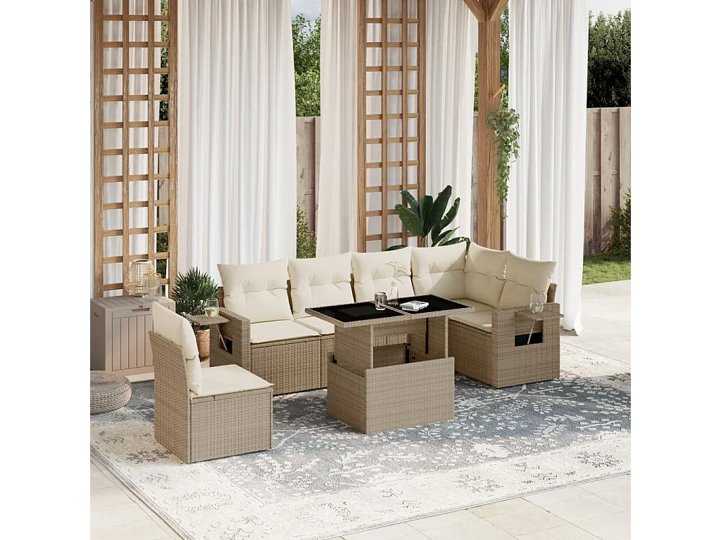 Salon de jardin avec coussins 7 pièces beige résine tressée